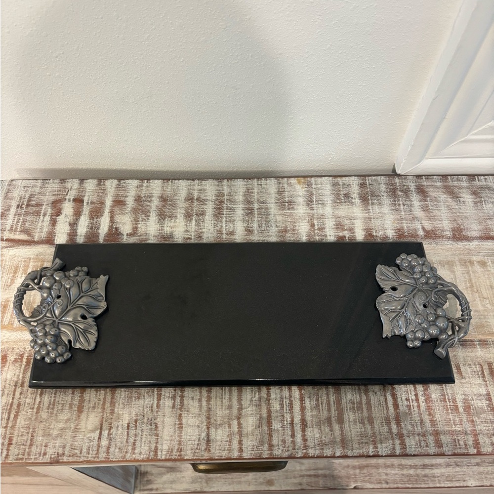 Black Serving Tray with Silver Leaf Handles